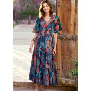 Soft Surroundings Maxi Dress Size M Tiered V Neck Floral Boho Cottagecore